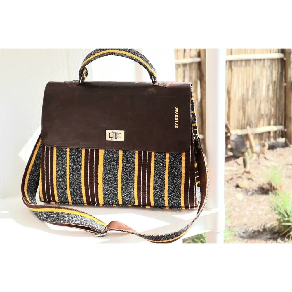 Handmade Briefcase crossbody bag, Kente(Ghana) handwoven fabric, laptop bag.